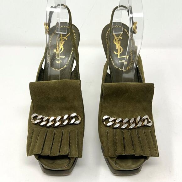 YSL Yves Saint Laurent Olive Suede Fringe Chain Platform Pumps Size 38.5 - Picture 2 of 9